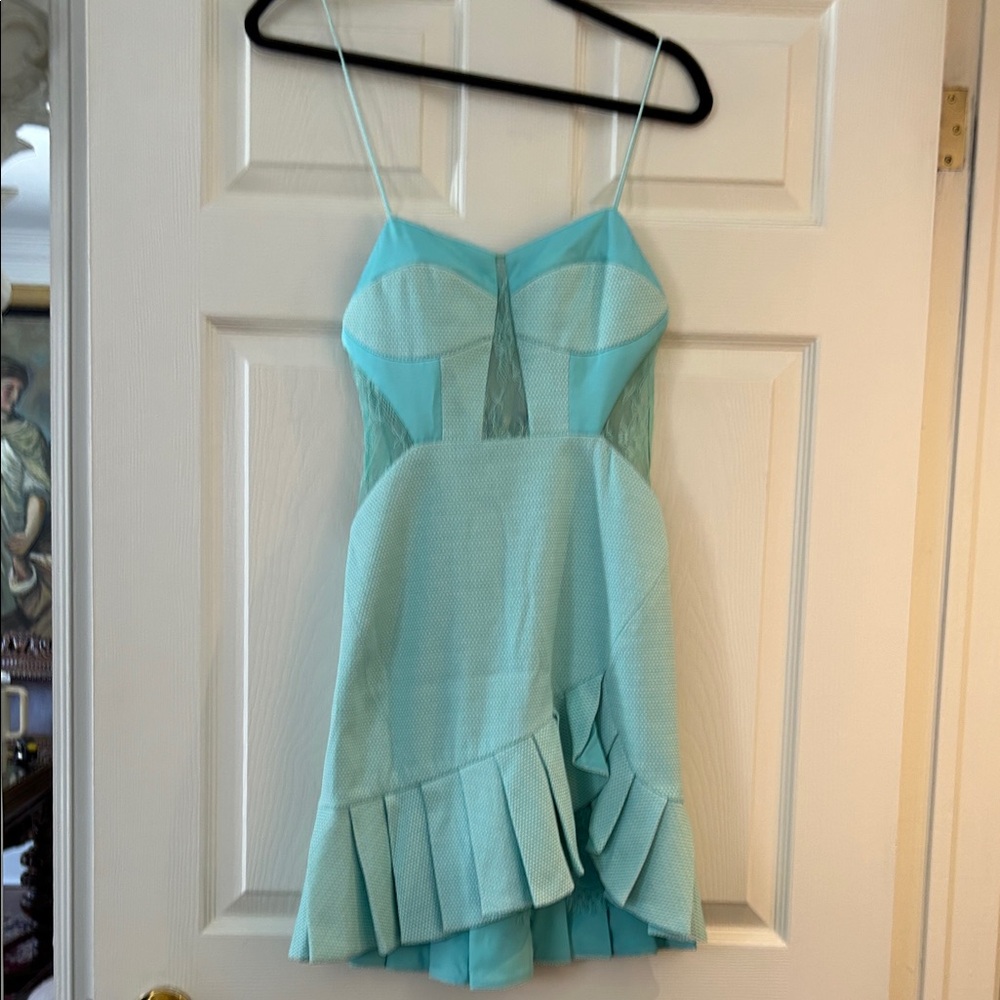 Aqua Mini Dress with Ruffle Hem and Mesh Panels